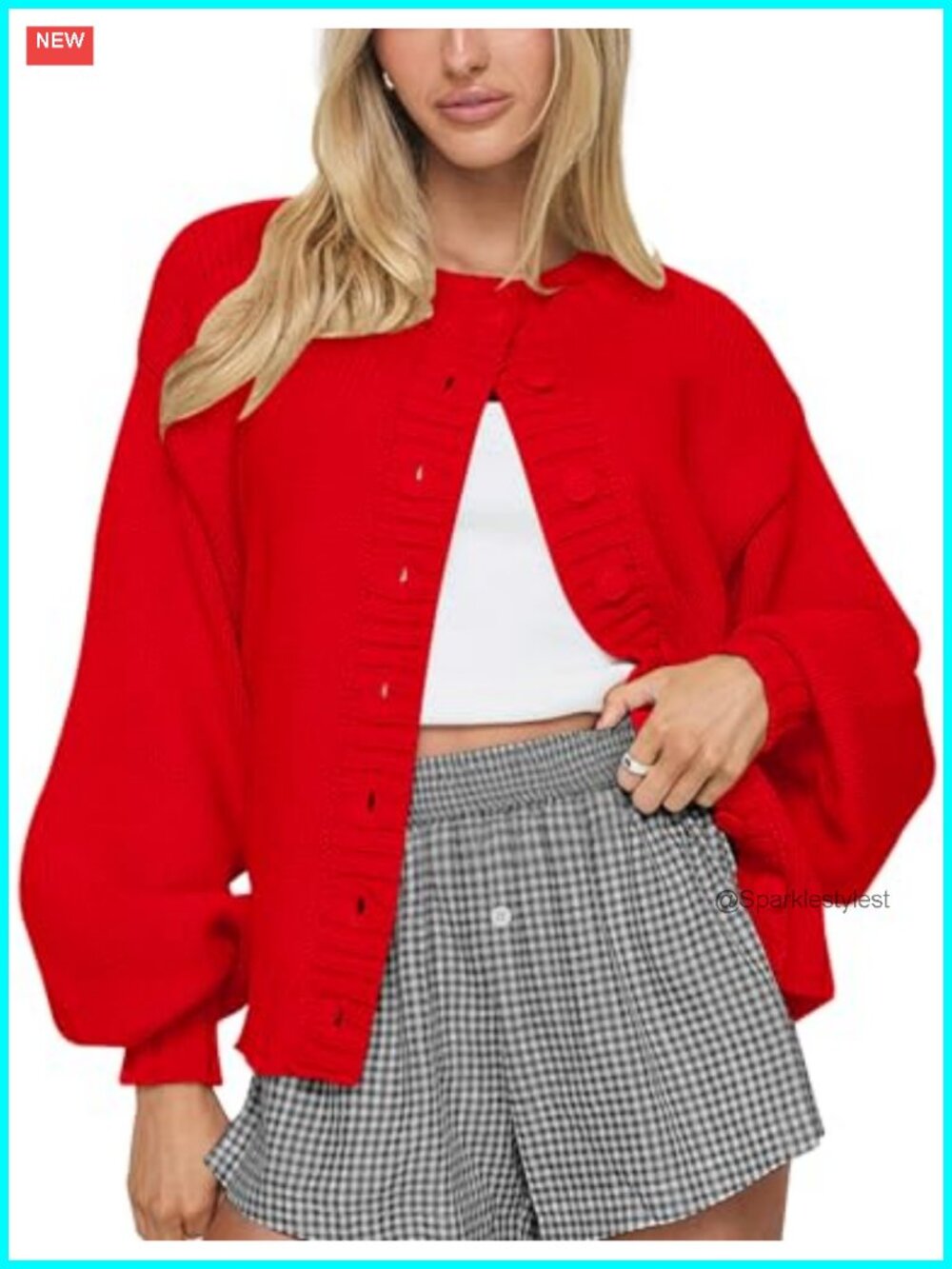 Oversized Chunky Knit Button Front Cardigan Lantern Sleeve Sweater